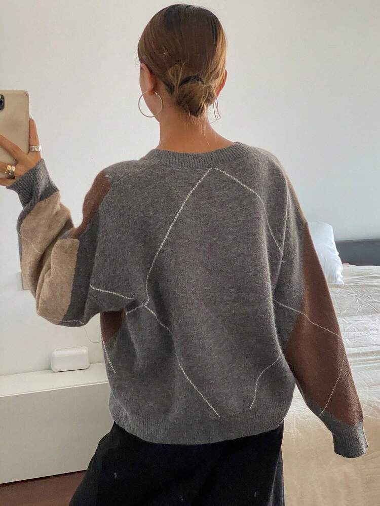 Plaid Loose Long Sleeve Crew Neck Women Sweater, Fall Clothes,Long Sleeve Tops