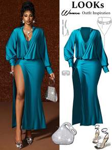 Maweii Plus Size Women's Elegant Shiny Satin Light Teal,Autumn,Night Out Club High Slit Maxi Dress,Deep V-Neck Long Sleeve Backless Formal Party Dress - Multicolor - View 2