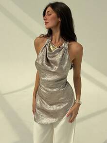 Aloruh Women's Solid Color Elegant Halter Backless Camisole - Brown - View 3