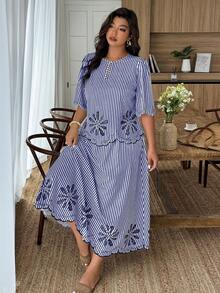 EMERY ROSE Plus Size Striped Print Hollow Out Top And Skirt Casual 2 Pieces Set - Multicolor - View 5
