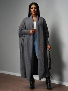 Slaydiva 2025 New Autumn/Winter Plus Size Women Collegiate/Business Casual Wear/Western Style Cardigan/Office Attire/Street Club Fashion/City Vacation/Graduation Date/Refined Elegant/Party/Independence Day/Casual Basic Outdoor Social Loose Gray Batwing Sleeve Cape-Style Mid-Length Knitted Cardigan Sweater Fashionable For Women - Black - View 5