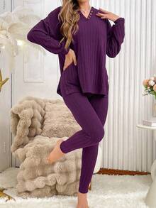 SHEIN Solid Color Textured Half-Zip Top & Pants Women Loungewear Set Fall Winter Clothes - Purple - View 5