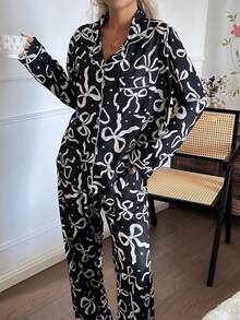 SHEIN Bow & Star Print Lapel Long Sleeve Top & Pants Pajama Set Fall Winter Clothes - Black - View 3