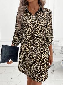 SHEIN Clasi Gaun Pendek Cardigan Berkerah Motif Leopard Terbaru untuk Wanita Musim Gugur, Cocok untuk Perjalanan Sehari-hari dan Berbagai Acara. - Aprikot - View 4