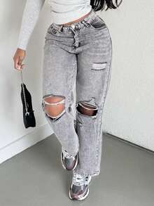 Alexandranx High-Waisted Ripped Loose Y2K Autumn And Winter Warm Jeans Thermal Denim - Light Grey - View 4