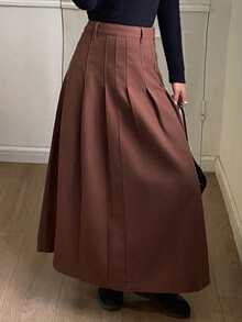 DAZY Chân váy chữ A xếp ly bằng vải denim mài bạc thanh lịch dành cho nữ, mùa thu - màu nâu - Xem 3