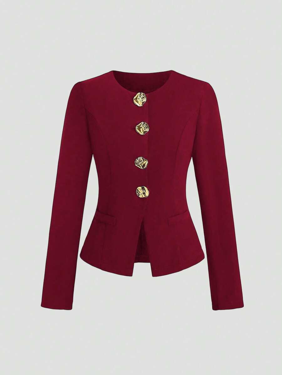 Sweetra French Minimalist Basic Metal Button Long Sleeve Women Regular Jacket, Christmas - Burgundy - View 1