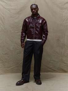 Musero Men Oversized Boxy Fit Shiny PU Leather Collared Zip Through Jacket  Spring&Summer - Burgundy - View 5