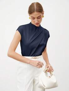 BizChic 2025秋冬新款灰蓝色不对称褶皱领小短袖女式衬衫，现代优雅时尚通勤商务休闲办公装，复古别致百搭浪漫，适合正式场合、派对、婚礼宾客、女主人、乡村音乐节、早午餐、机场、国庆节、新年、圣诞节、感恩节等休闲场合穿着。 - 藏蓝色 - 查看 8