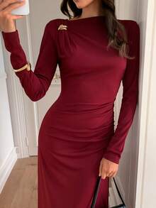 Elyressa Gaun Musim Gugur yang Panjang, Elegan, dan Romantis untuk Wanita - Burgundy - View 6