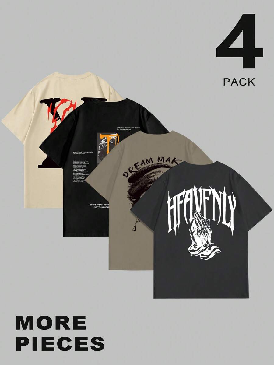 Manfinity Roughcore 4pcs/Set Men's Casual Graphic Print T-Shirts,Short Sleeve Crew Neck,Geometric Pattern,Regular Fit,Black,Summer,Casual,Streetwear,City Break Wear - Black - View 1