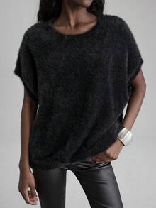 Ontre Women's Charcoal Gray Chic Night Out Fuzzy Black Faux Fur Knit Top,Oversized 2025 Autumn/Winter Apparel,Elegant Wedding Guest,Business Casual,Summer - Black - View 6