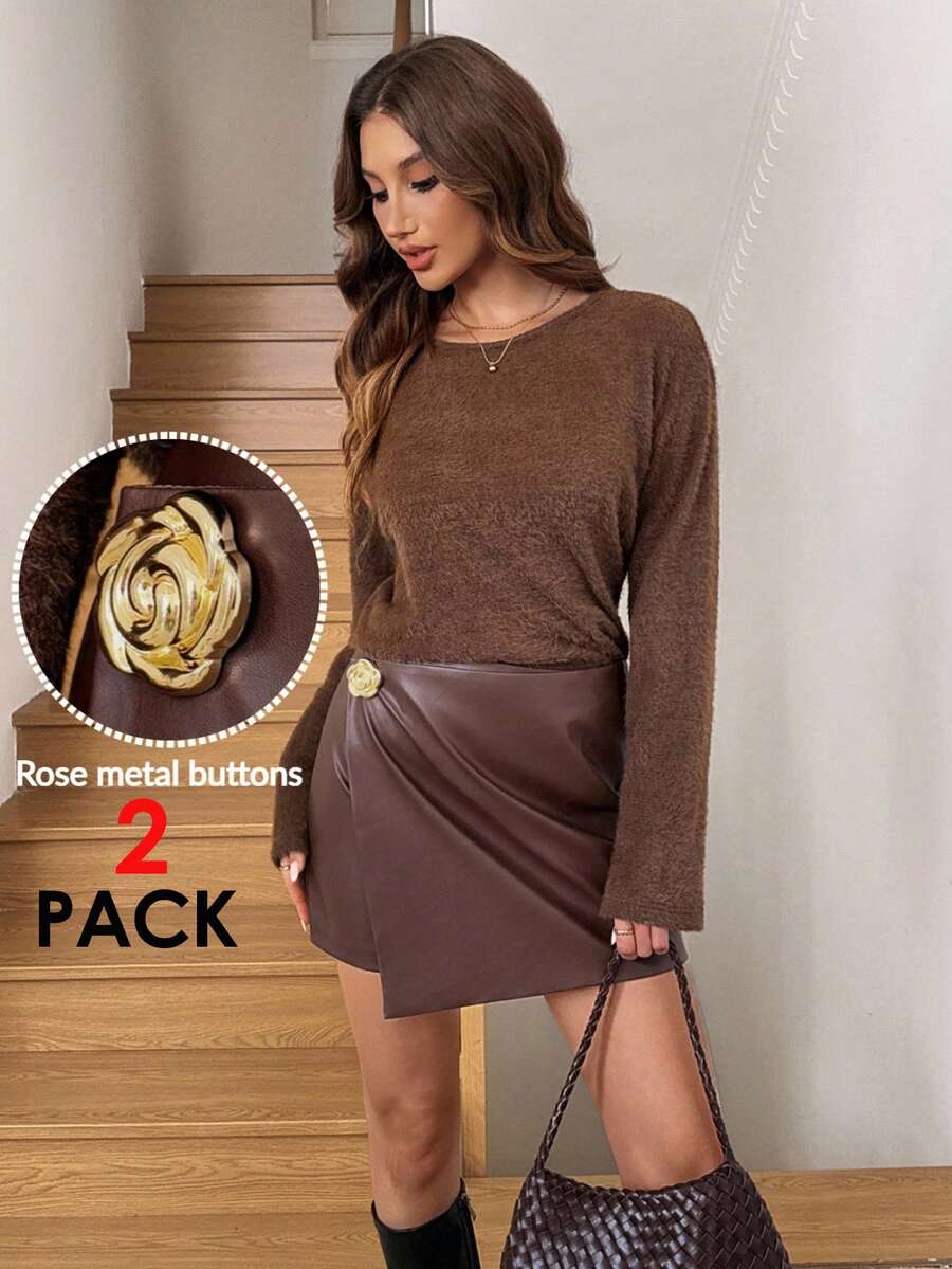 SHEIN LUNE Conjunto de 2 piezas de top de manga larga de cuello redondo de unicolor y falda plisada asimétrica de cuero PU para mujer, de moda para otoño, ropa de otoño para mujer, ropa de invierno para mujer, disfraz de Halloween, atuendo de Año Nuevo, conjunto casual para mujer, conjunto de 2 piezas con hebilla de metal rosa, ropa elegante - Marrón - Ver 1