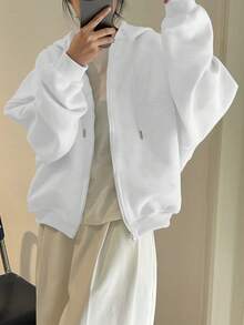 INAWLY 女士纯色落肩长袖拉链连帽休闲卫衣，秋季，毕业季，教师节，返校季 - 白色 - 查看 3