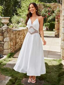 KARISMINA Textured V-Neck Halter Tie Backless Ruched Peplum A-Line Midi Dress For Vacation & Leisure,Sun Dress,For Summer Vacation,Women Summer Clothing