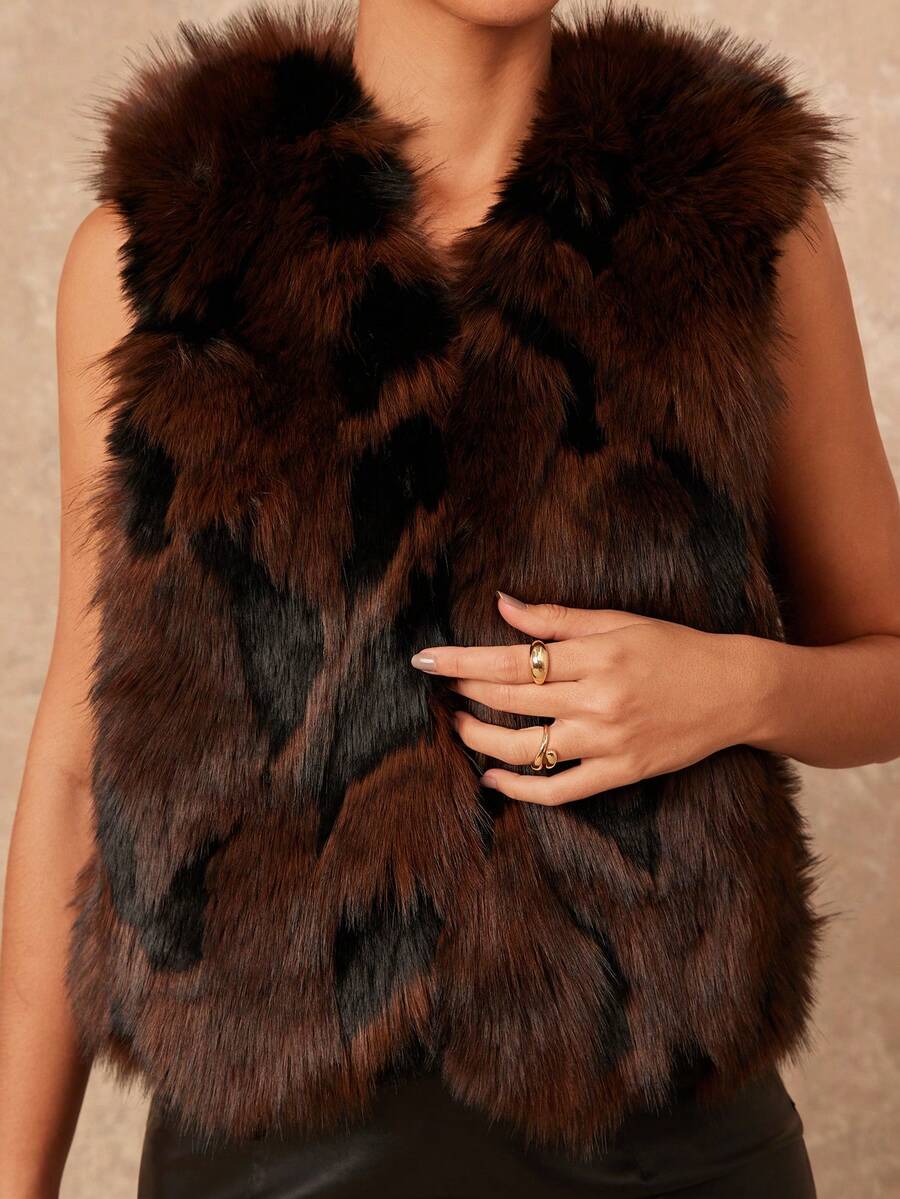Lumalex Winter Fall Espresso Women's Solid Color Faux Fur Sleeveless Coat, Luxury Holiday Vacation New Year Party Night Out