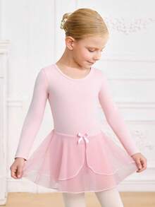 SHEIN 年轻女孩时尚户外纯色针织紧身连衣舞裙，蝴蝶结装饰，弹力柔软运动服 - 粉色 - 查看 2