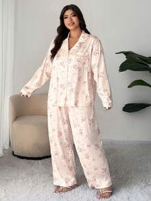 Dazy Plus 2pcs/Set Fashionable Ditsy Floral Loungewear, Elegant Loose Fit Top And Pants, Plus Size Women Spring/Autumn Pajama Set Fall Winter Clothes - Baby Pink - View 3