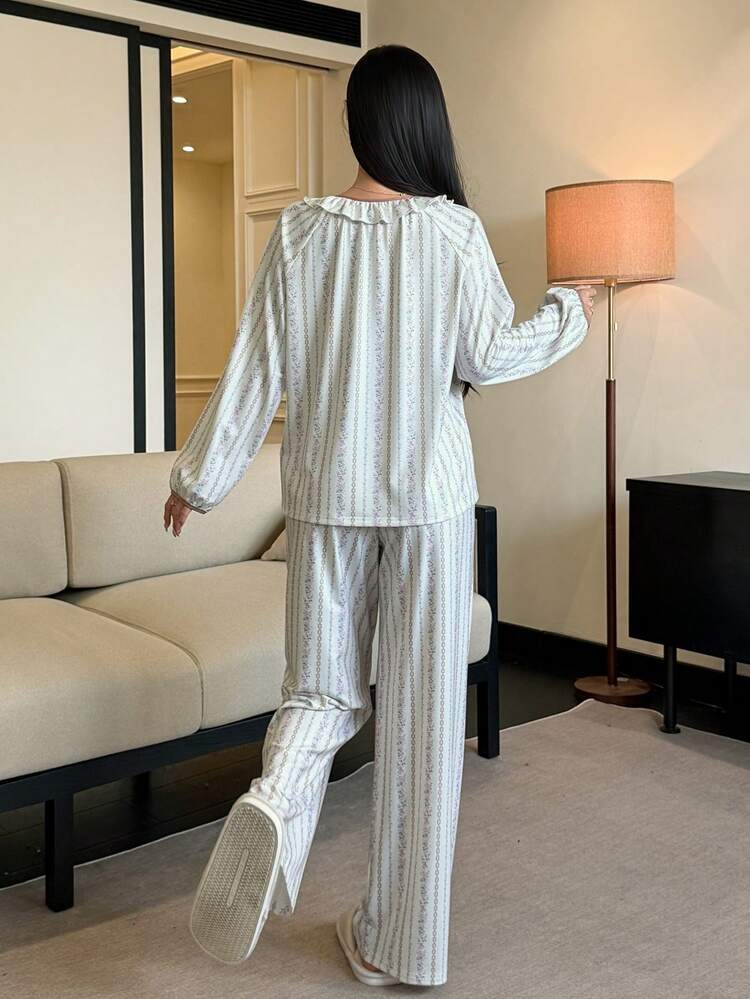 Sweet Floral Pattern Ruffle Lantern Sleeve Women Pajama Set, Winter Clothes