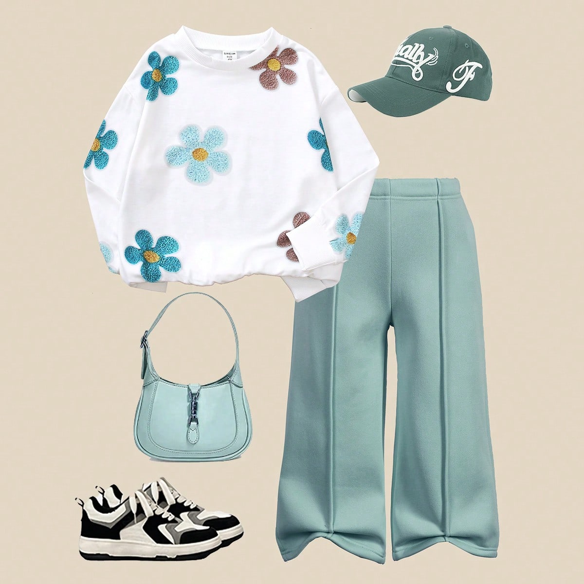 Piezas Sudadera casual de manga larga con puños y dobladillo acanalados con estampado floral colorido y alegre para niñas jóvenes, combinada con pa