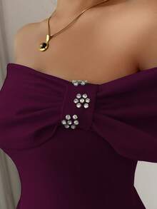 Elenzga Đầm midi xòe tay ngắn hở vai đính đá thời trang dành cho nữ - Màu tím - Xem 4