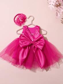 SHEIN 2件套新生儿女童珍珠风格连衣裙配玫瑰花头饰婴儿拍照服装婴儿1个月100天拍照服装 - 玫紅色 - 查看 2