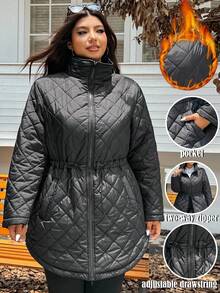 SHEIN EZwear Plus Size Women Quilted Drawstring Thick Jacket, Autumn/Winter,Fall /Autumn/Winter,Christmas,New Year,Thanksgiving,Party,Wedding,Elegant,Casual,Going Out,Date,Appointment,Commute,Black