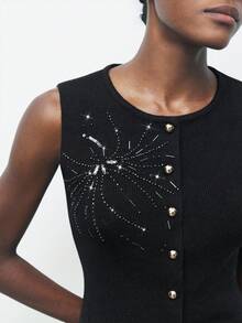 Maija 女士串珠设计圆领单排扣无袖针织上衣黑色水钻装饰上衣女士上衣黑色背心女士，女士冬季毛衣，冬季，秋季女士，万圣节服装，万圣节角色扮演，蜘蛛管状串珠刺绣，派对，派对上衣，亮片毛衣，黑色 - 黑色 - 查看 11