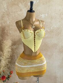 Soleia New Knitted Tie Bow Ombre Stripe Camisole & Skirt 2pcs Set For Women,Yellow,Autumn,Boho,Vacation,Holiday Sunset Color Beach Club Outfit Summer Brunch - Multicolor - View 4