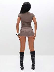 BABYPHAT 女式罗纹翻边高腰短裤迷你热裤休闲家居服 - 深灰色 - 查看 7