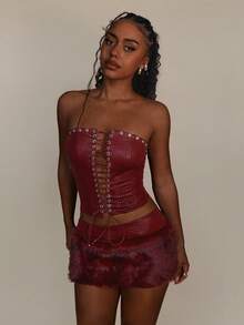 Amplova طقم ملابس علوية كورسيه بنمط جلد التمساح الصناعي وتنورة ضيقة فرائية قصيرة، مثير مكون من قطعتين للنساء - احمر خشبي - مشاهدة 11