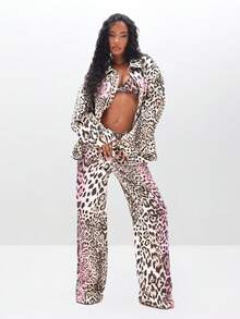 BABYPHAT 女式宽松牛仔裤动物印花阔腿高腰宽松破洞牛仔裤休闲街头服饰 - 卡其色 - 查看 1