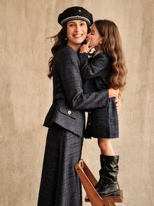 SHEIN 年轻女孩时尚优雅蓝色夹克搭配裙子，珍珠纽扣设计可爱装，秋冬 - 藏蓝色 - 查看 8