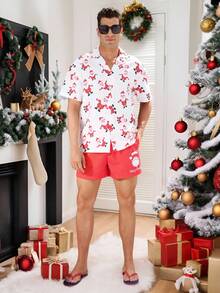 Surfspeed Men's Christmas Cartoon Print Short Sleeve Shirt And Shorts Beach Outfit Set