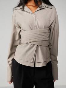 MISSGUIDED Ruched Cross Over Panel Collared Button Down Blouse With Tie Waist Belt Long Sleeve Office
