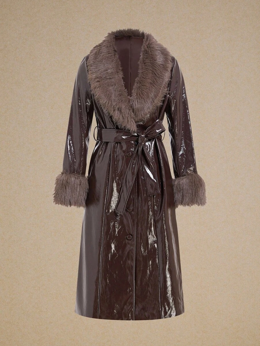 Poéselle PU Leather Trench Coat With Faux Fur Collar & Cuffs –Women's Solid Color Fur Collar Long Sleeve Mid-Length Fashionable Regular Jacket, Statement Winter Holiday Outerwear For Women ,PU Leather Trench Coat,Faux Fur Collar ,Statement Piece,Fur Coat,Teddy Coat