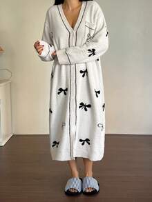 DAZY Bow Decor Loose Knit Mid-Length Women Sleepwear Robe, Winter - White - View 1