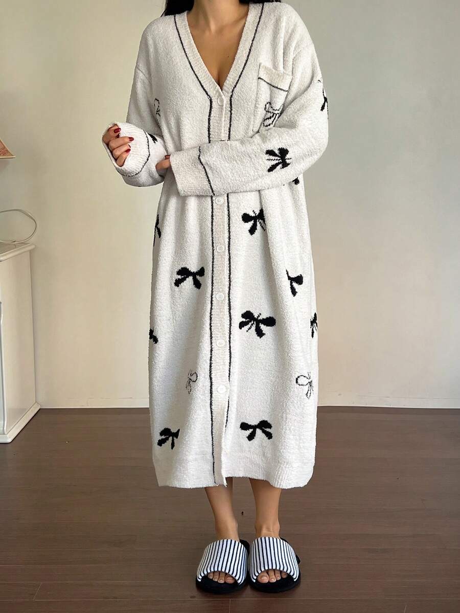 DAZY Bow Decor Loose Knit Mid-Length Women Sleepwear Robe, Winter - White - View 1