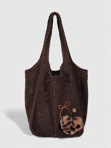 ROMWE Fairycore 1个度假风镂空编织咖啡色女士单肩手提包，大容量，豹纹心形装饰针织包 - 咖色 - 查看 1
