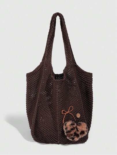 Fairycore 1pc Tropical Ocean Beach Resort Style Woven Hollow Khaki Women Shoulder Tote Bag, Large Capacity