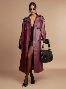 Silquee 女式纯色翻领长袖双排扣 PU 皮革宽松风衣 - 酒紅色 - 查看 3