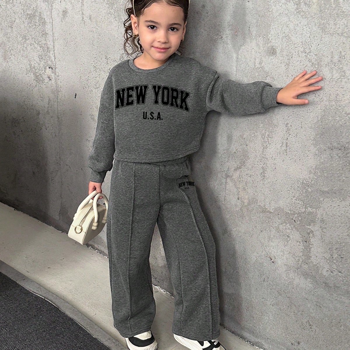 Set de 2 piezas de sudadera casual de cuello redondo de unicolor y leggings para niña joven