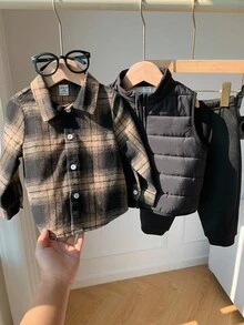 SHEIN 3 件套婴儿格子领衬衫、松紧腰裤和绗缝背心 3 件套服装，休闲百搭，适合秋冬