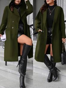 Easura Áo khoác trùm đầu tay dài hai hàng khuy trơn màu cỡ lớn dành cho nữ, mùa thu/đông - xanh quân đội - Xem 3