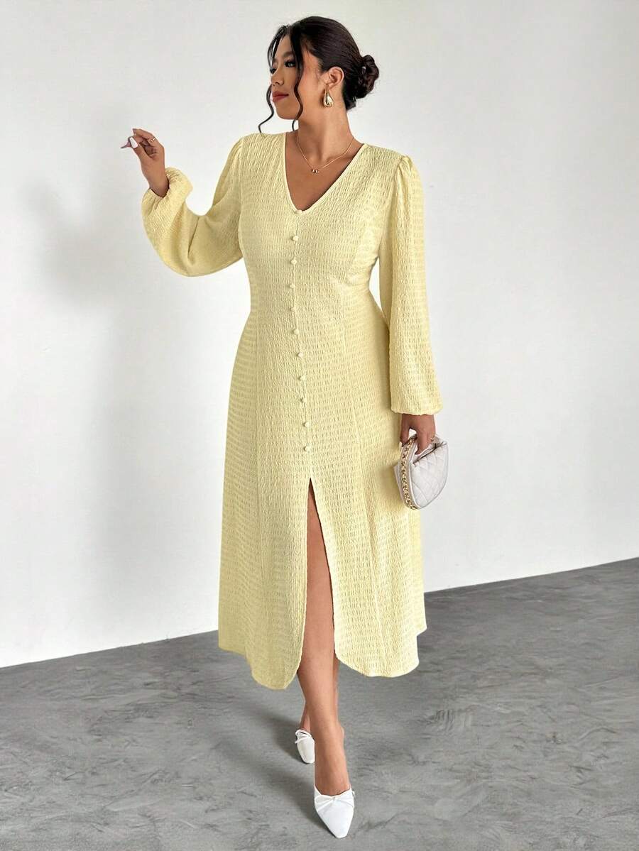 Firerie 大码优雅度假V领泡泡下摆松紧腰长袖开衩下摆女士休闲连衣裙，秋冬 - 黃色 - 查看 1