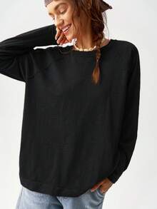 Bohemela Camiseta de manga raglán de cuello redondo de unicolor casual y diaria, talla grande, otoño - Negro - Ver 7