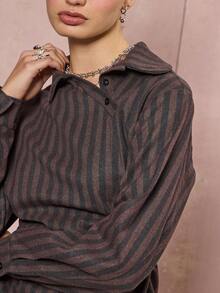 COUREZ 不对称收腰条纹衬衫，后背格纹细节 / Y2K 冬季女装外出上衣新年棕色上衣冬季上衣 - 彩色 - 查看 5