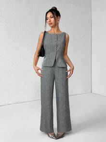 SHEIN PETITE 女款灰色條紋背心與長褲套裝，夏季休閒單排扣圓領兩件式西裝，優雅商務辦公通勤老錢風，適合嬌小女性 - 黑與白 - 查看 4