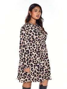 SHEIN Unity Plus Size Leopard Print Crew Neck Long Sleeve Cinched Waist Dress - Multicolor - View 5