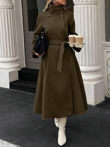 Xyvia 秋冬女装休闲高领纽扣腰带中长款毛呢大衣，老钱风女装/女士办公装/外出装，女士秋装 - 軍綠色 - 查看 5